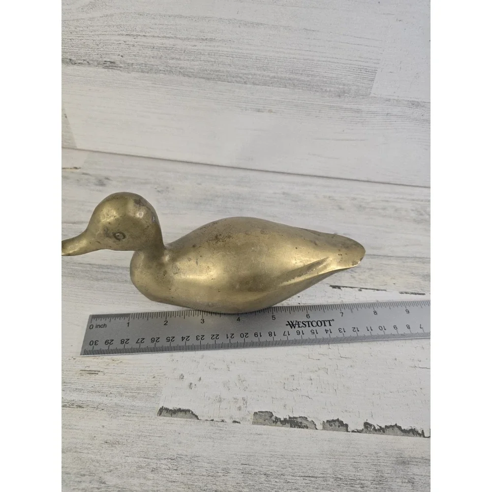 Vintage Solid Brass Duck Figurine Mid Century Modern Bird Paperweight 7.5 Inch